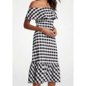 Ann Taylor Black White Gingham Checkered Plaid Off Shoulder Dress Fringe Sz 6 (E